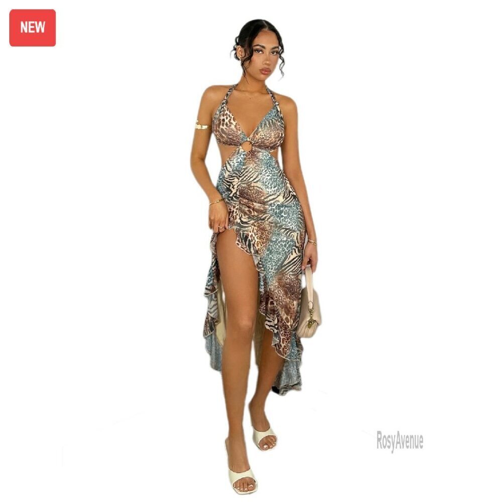 Halter Cut Out Dress Asymmetrical Hem Mesh Ruffle Bodycon